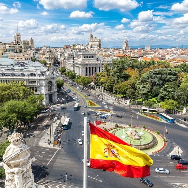Aerial view of Cibeles fountain at Plaza de Cibeles in Madrid in a beautiful summer day, Spain
